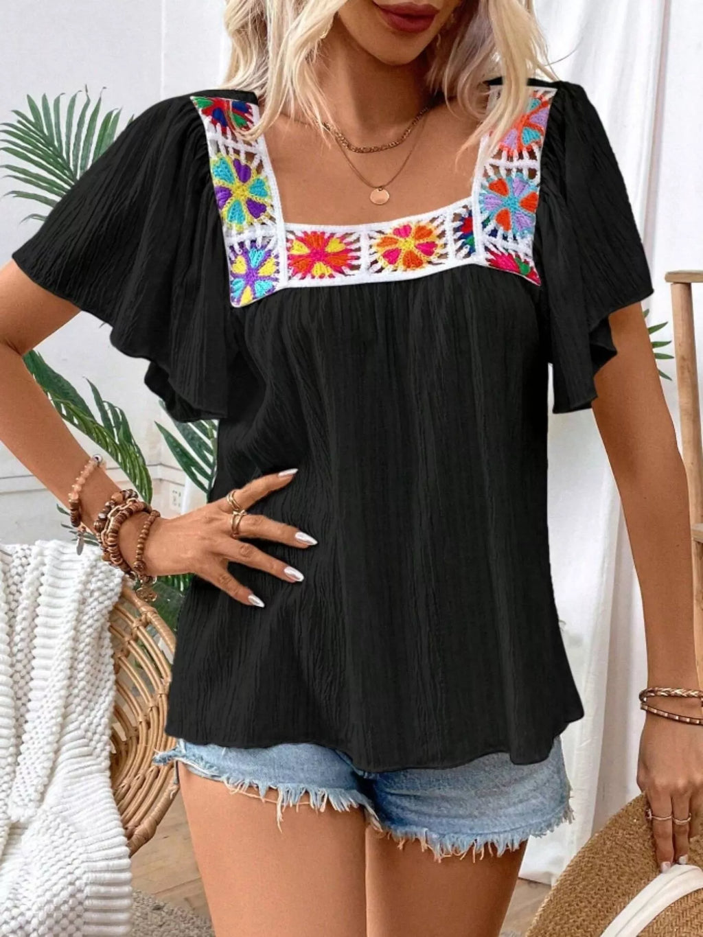 Embroidered Square Neck Flutter Sleeve Blouse