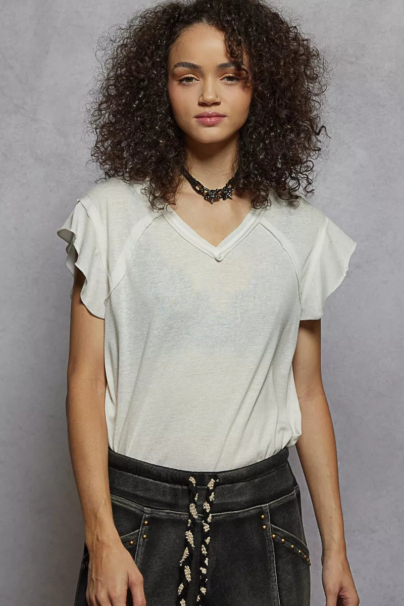 POL V-Neck Short Sleeve T-Shirt with Ruffle Sleeve