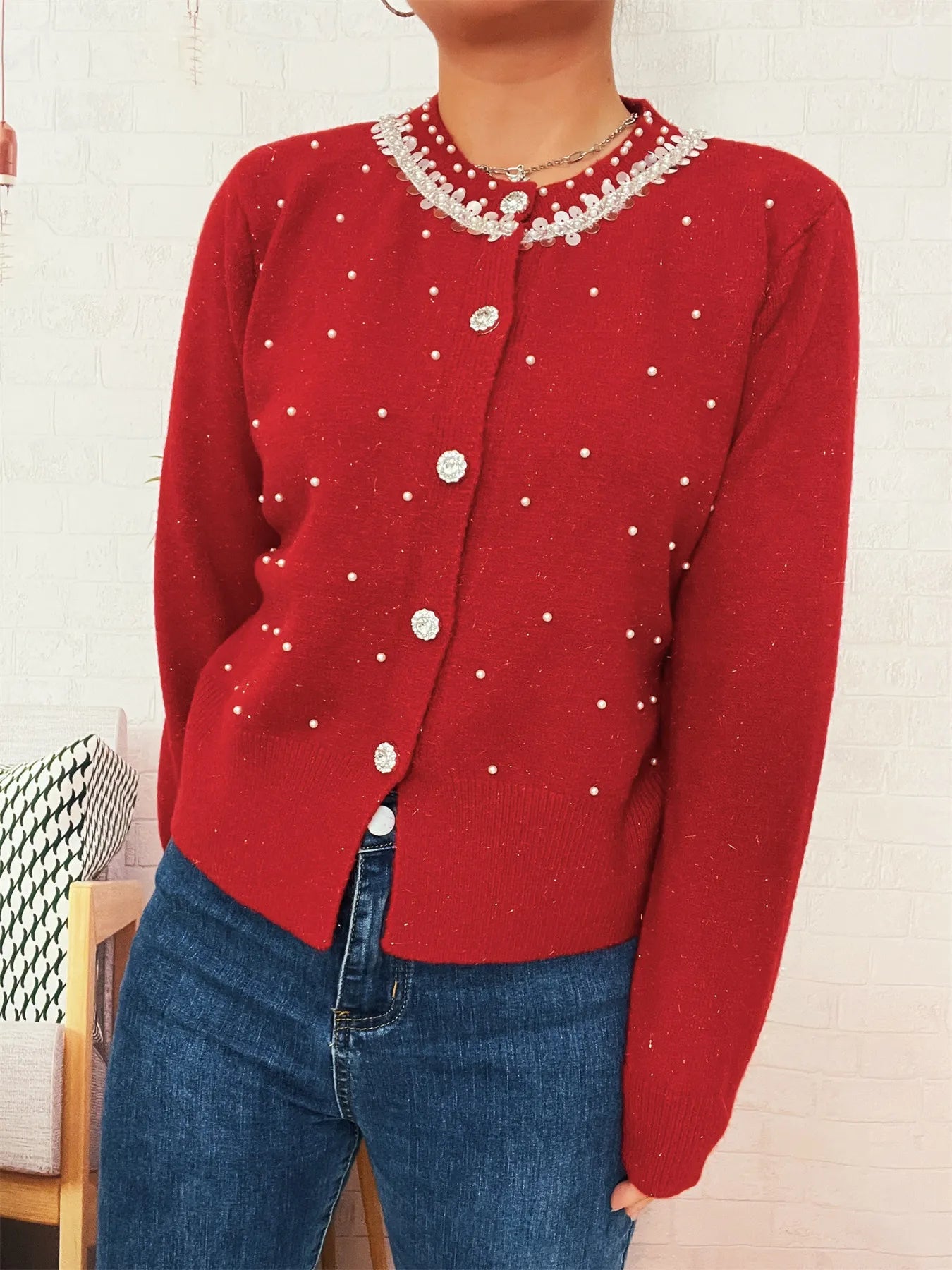 Pearl Detail Button-Front Cardigan