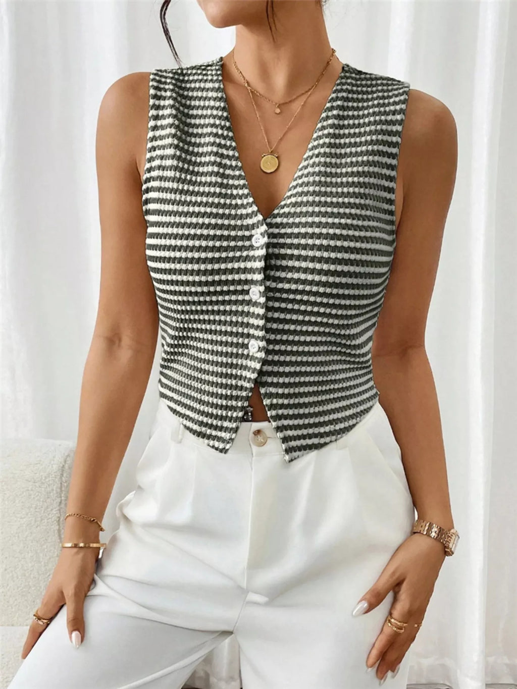 Striped Knit V-Neck Vest