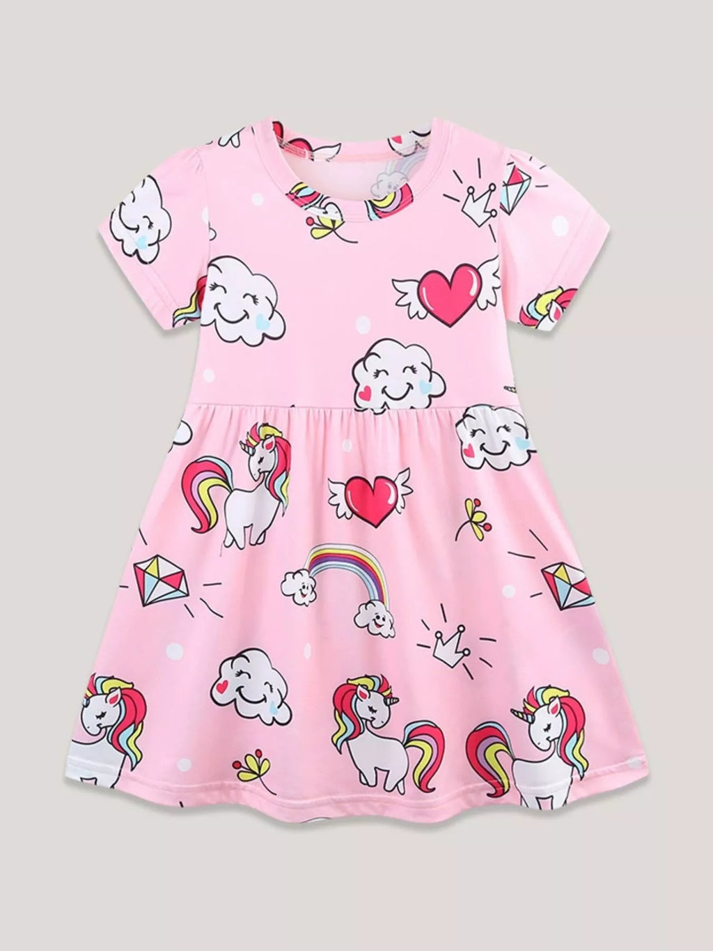 Children's Cartoon Unicorn Print Short Sleeve Dress