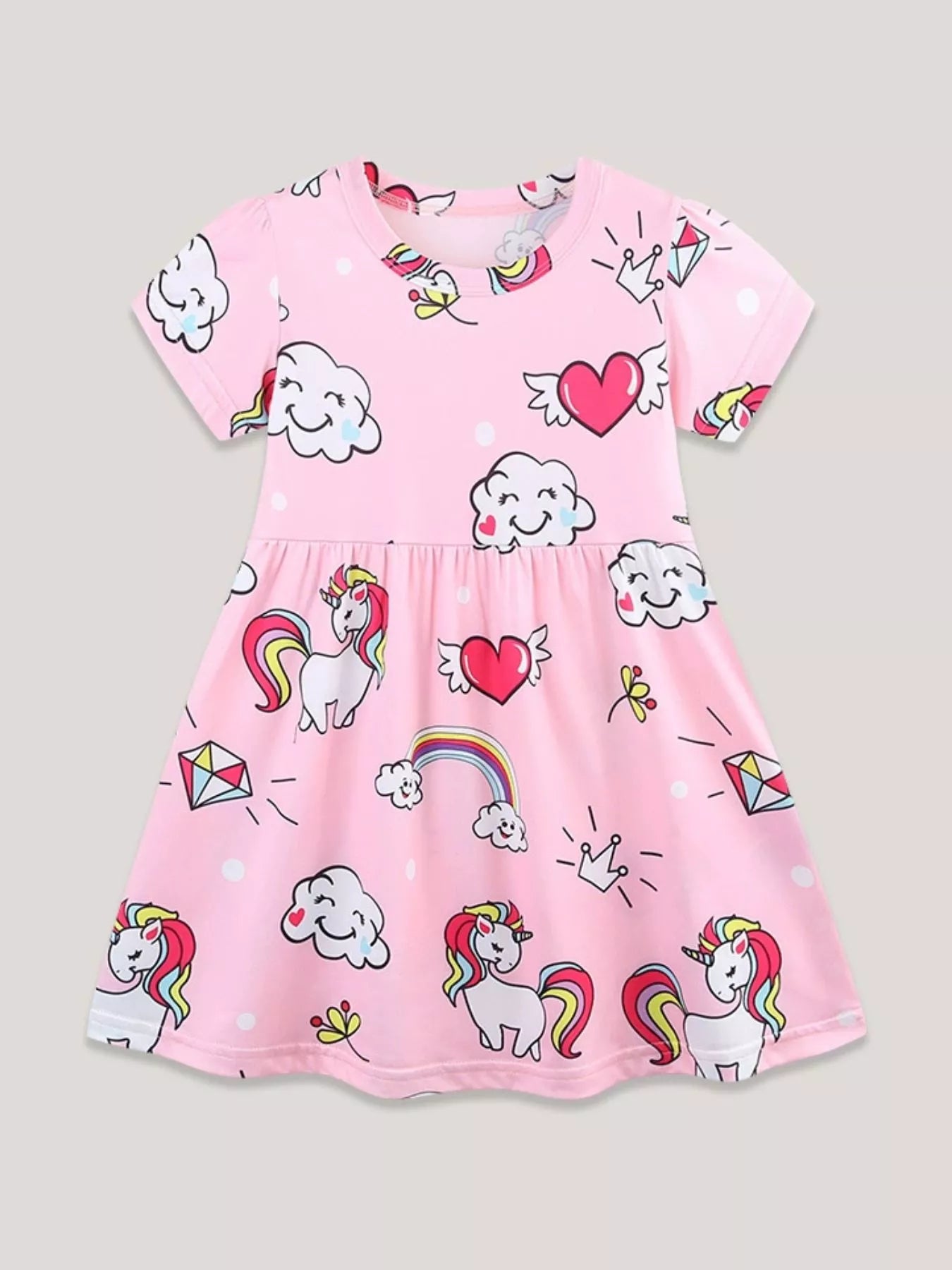 Children's Cartoon Unicorn Print Short Sleeve Dress