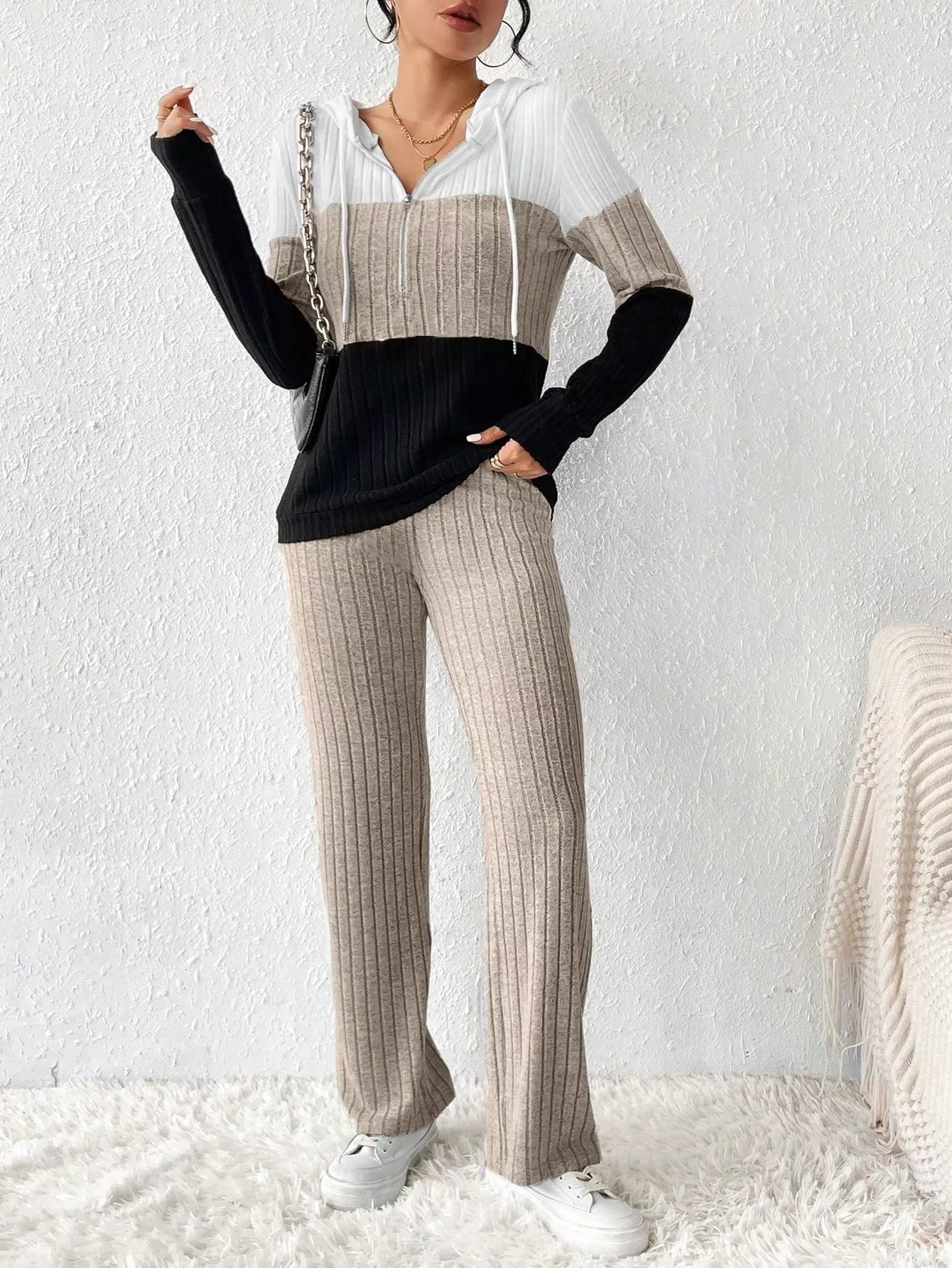 Color Block Half Zip Hooded Top and Pants Set