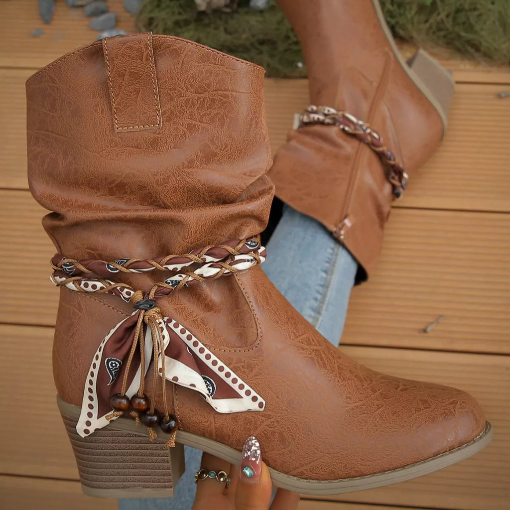 Braided Detail Western Boots with Block Heels