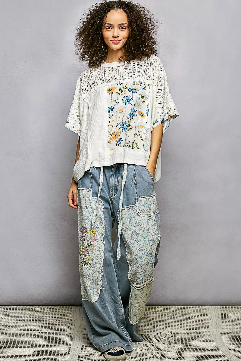 POL Floral Patchwork Lace Accent Blouse