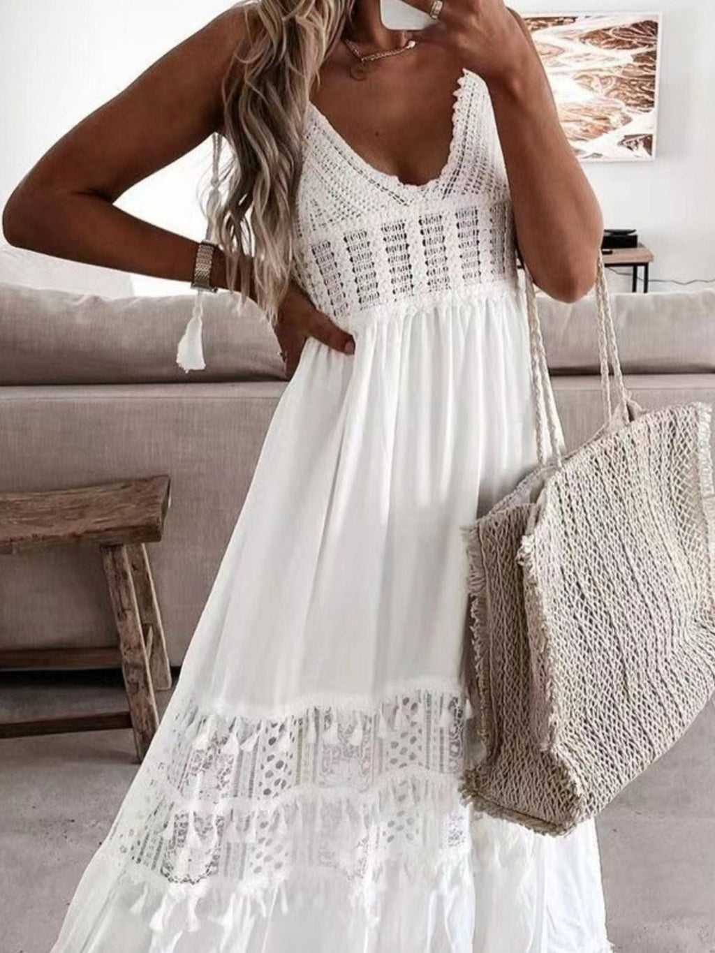 Full Size Bohemian Crochet Trimmed Cami Dress with Tassel Trim Plus Size