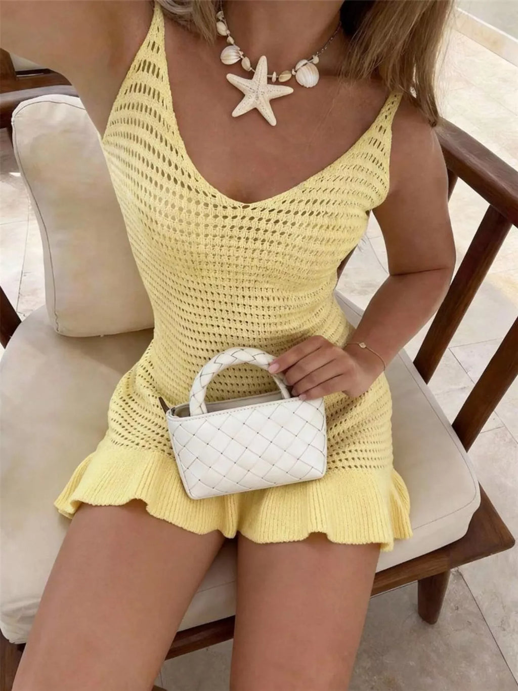 V-Neck Crochet Knit Sweater Dress