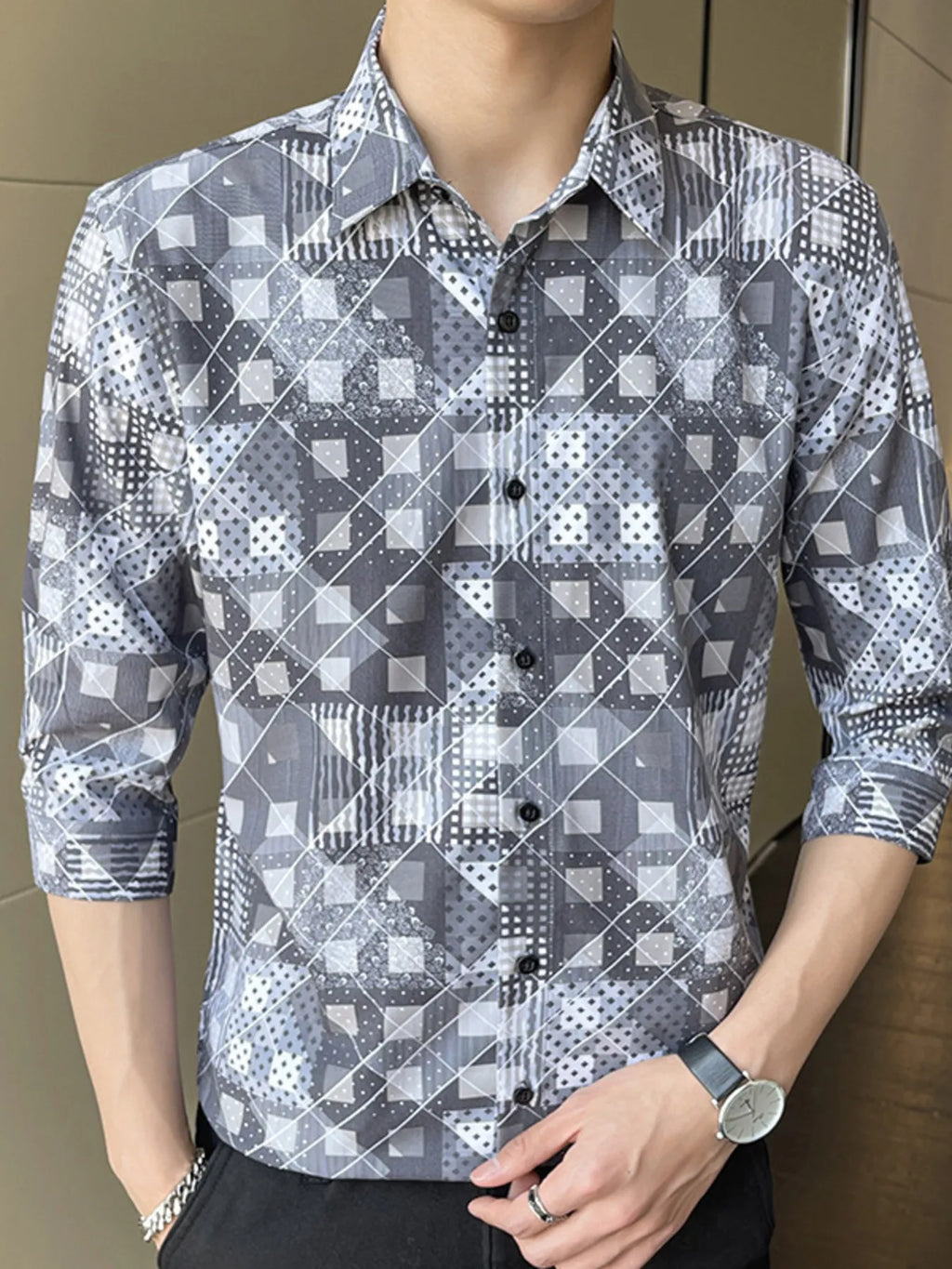 Men's Plus Size Geometric Print Slim Fit Casual Shirt