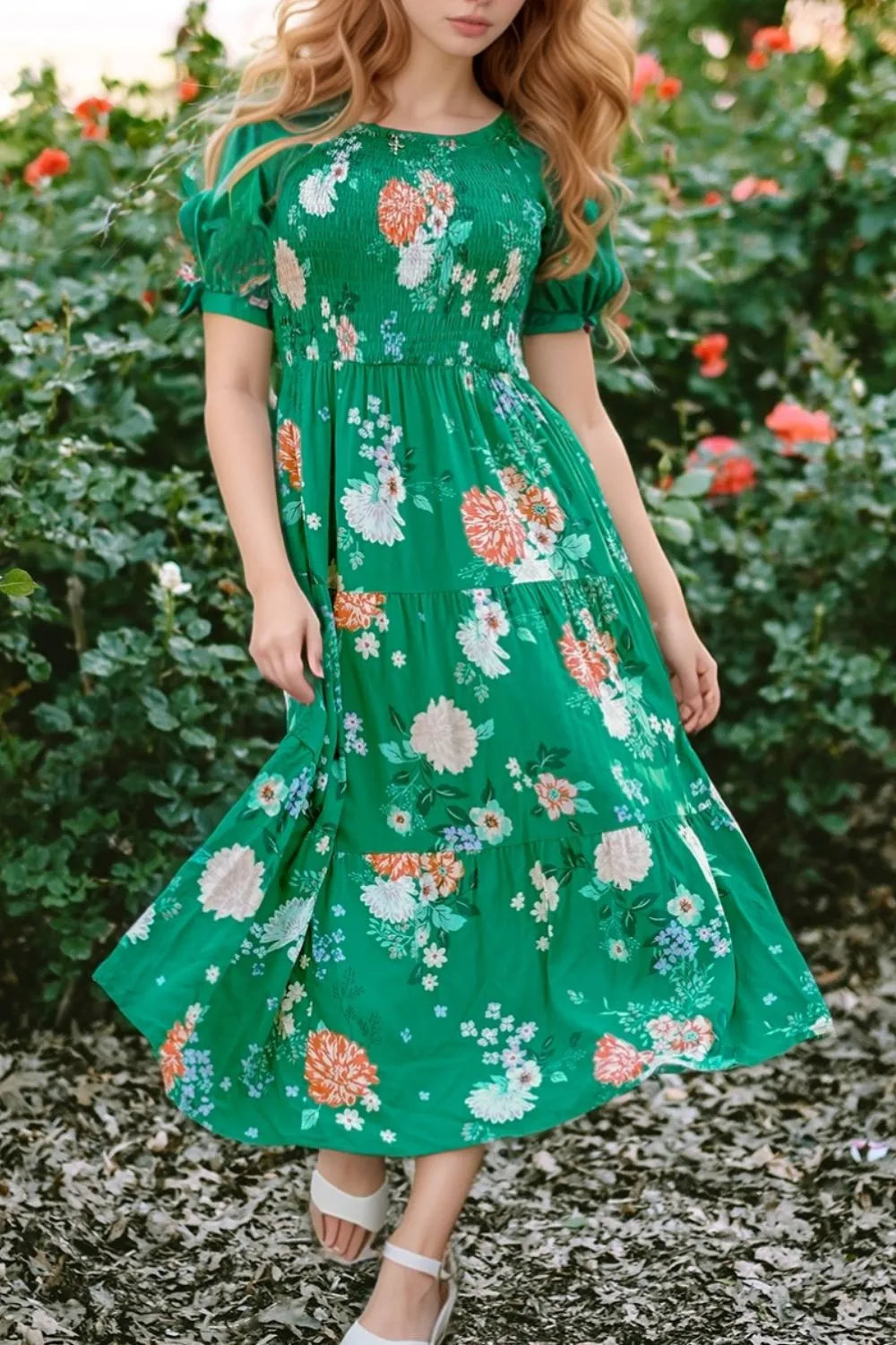 Floral Print Bubble Sleeve Smocked Tiered Midi Dress