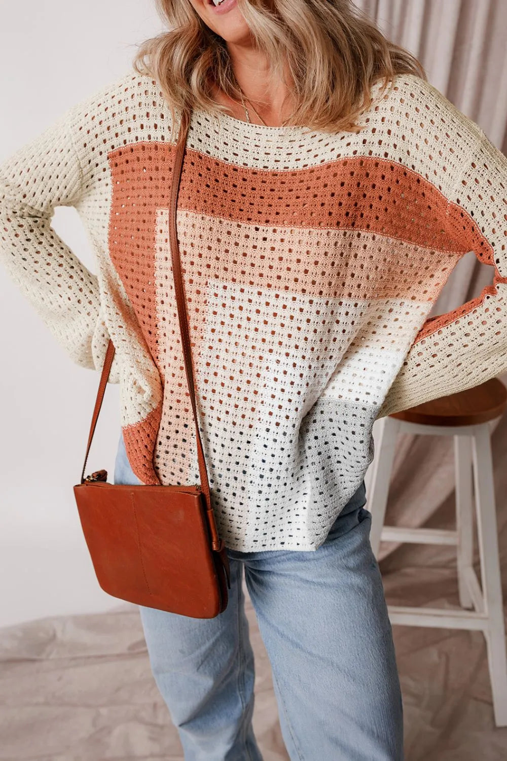 Openwork Color Block Long Sleeve Sweater