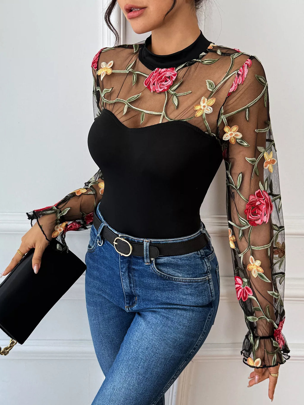 Floral Embroidered Mesh Long Sleeve Bodysuit