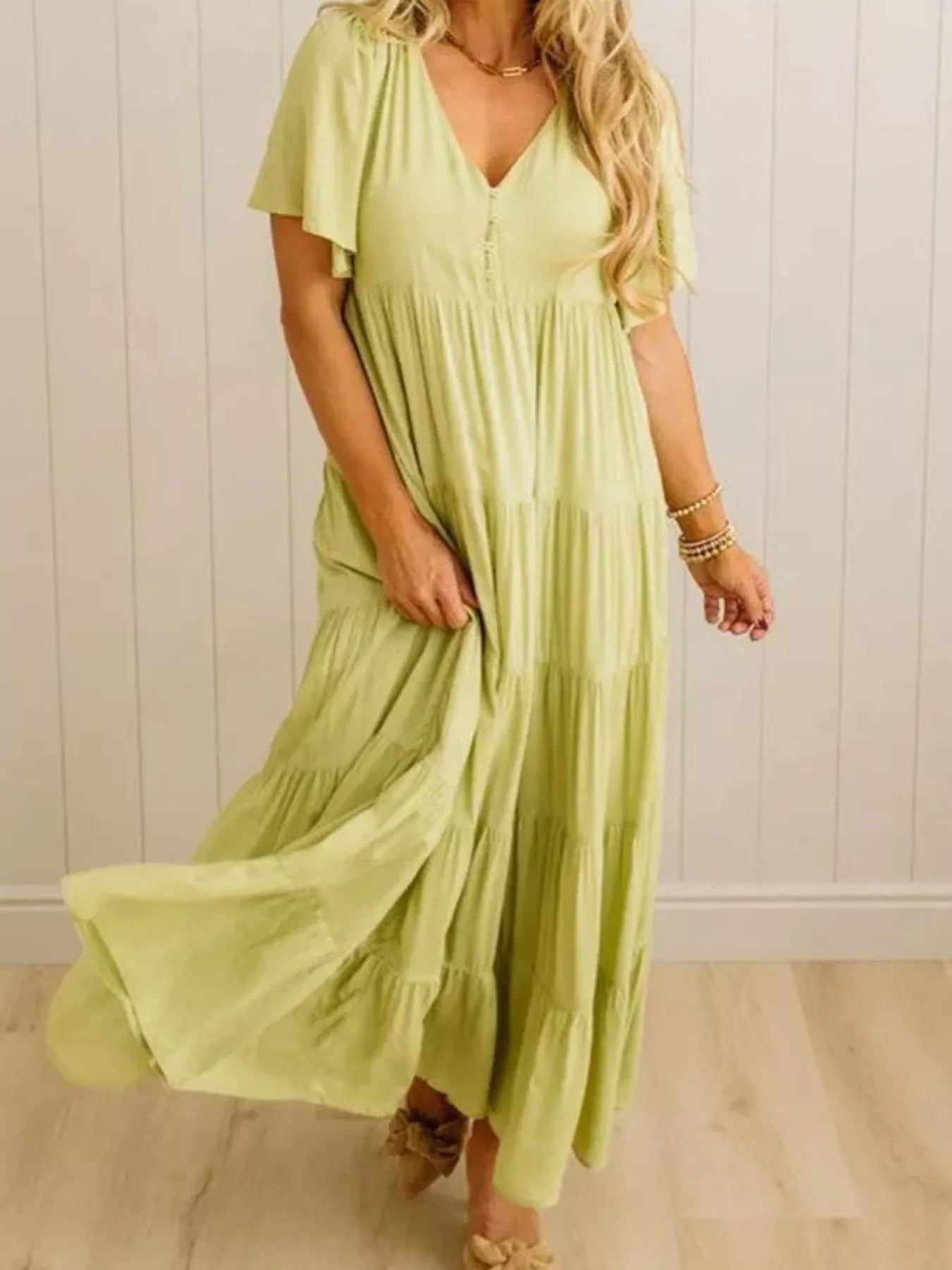 V-Neck Tiered Midi Dress