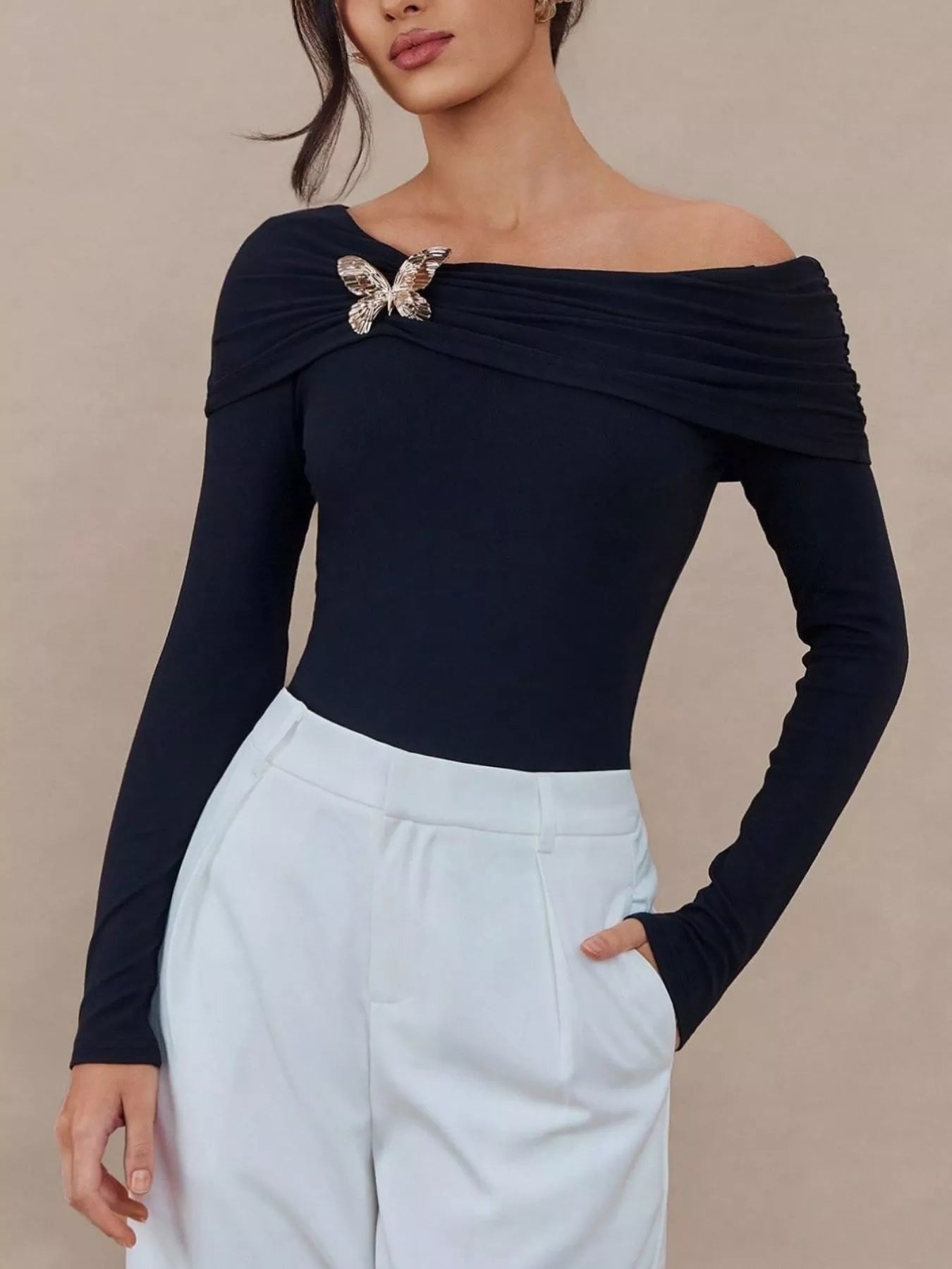 Elegant Off-Shoulder Long Sleeve Top with Butterfly Detail