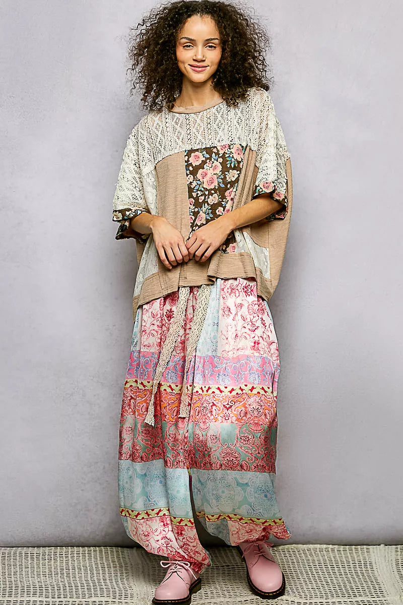 POL Floral Patchwork Lace Accent Blouse