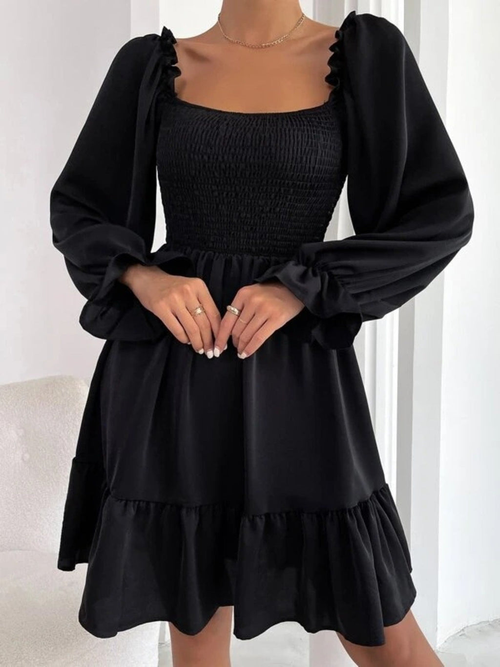 Smocked Flounce Sleeve Mini Dress