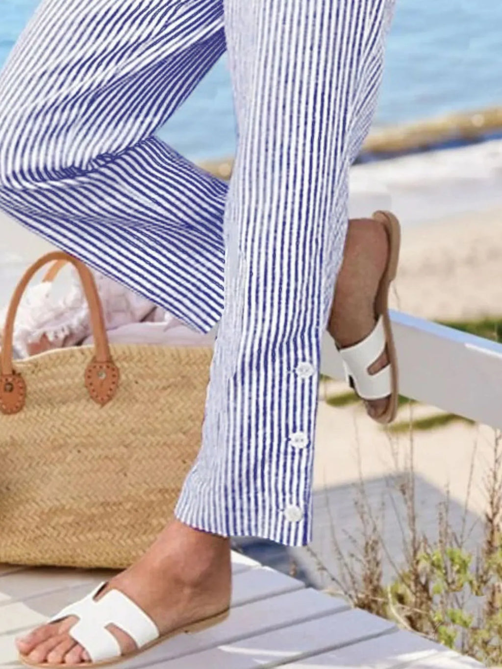 Full Size Striped Side Button Detail Pants Plus Size