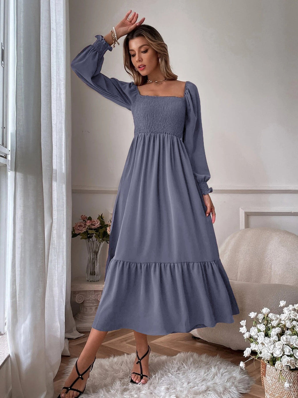 Smocked Long Sleeve Midi Dress