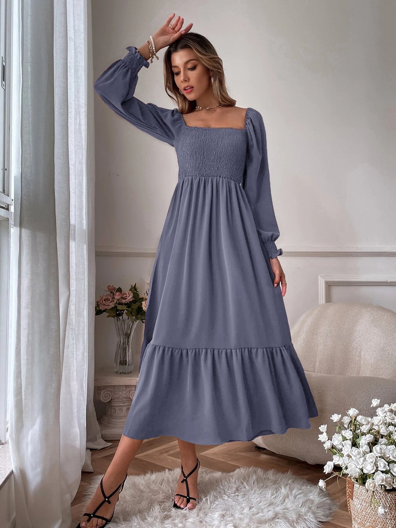Smocked Long Sleeve Midi Dress