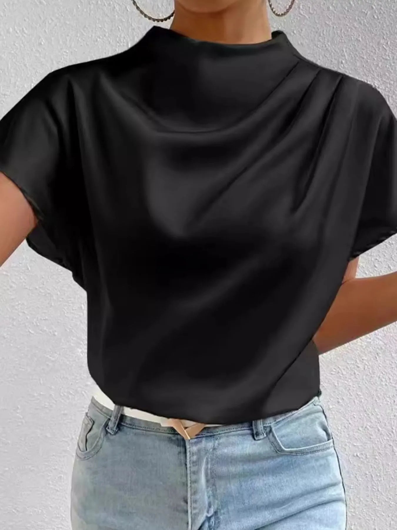 Mock Neck Short Sleeve Satin Blouse