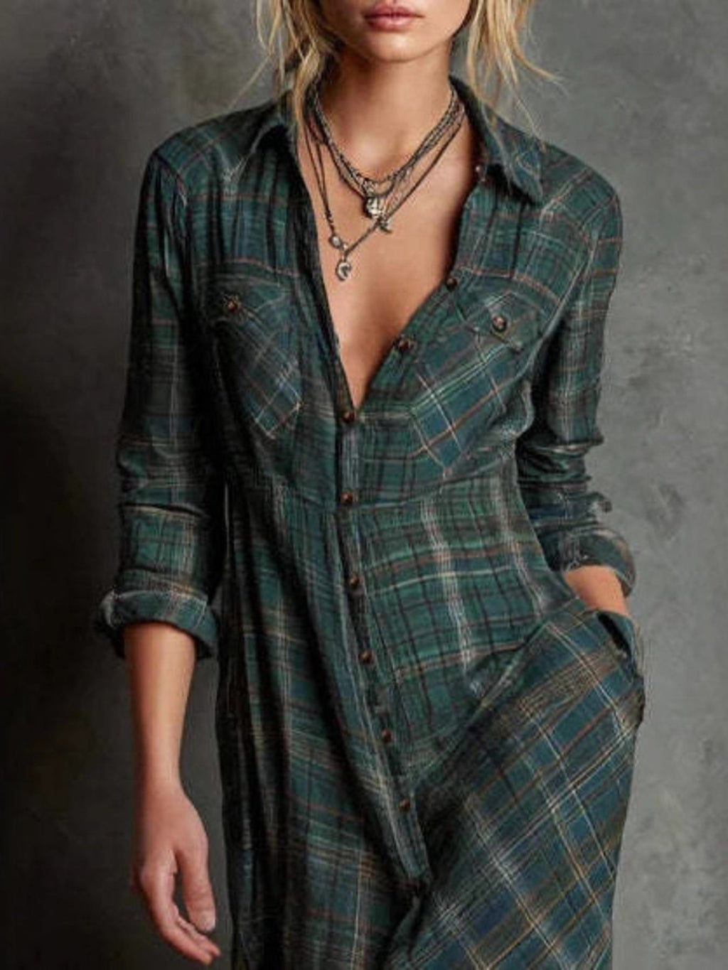 Plaid Long Sleeve Maxi Shirt Dress