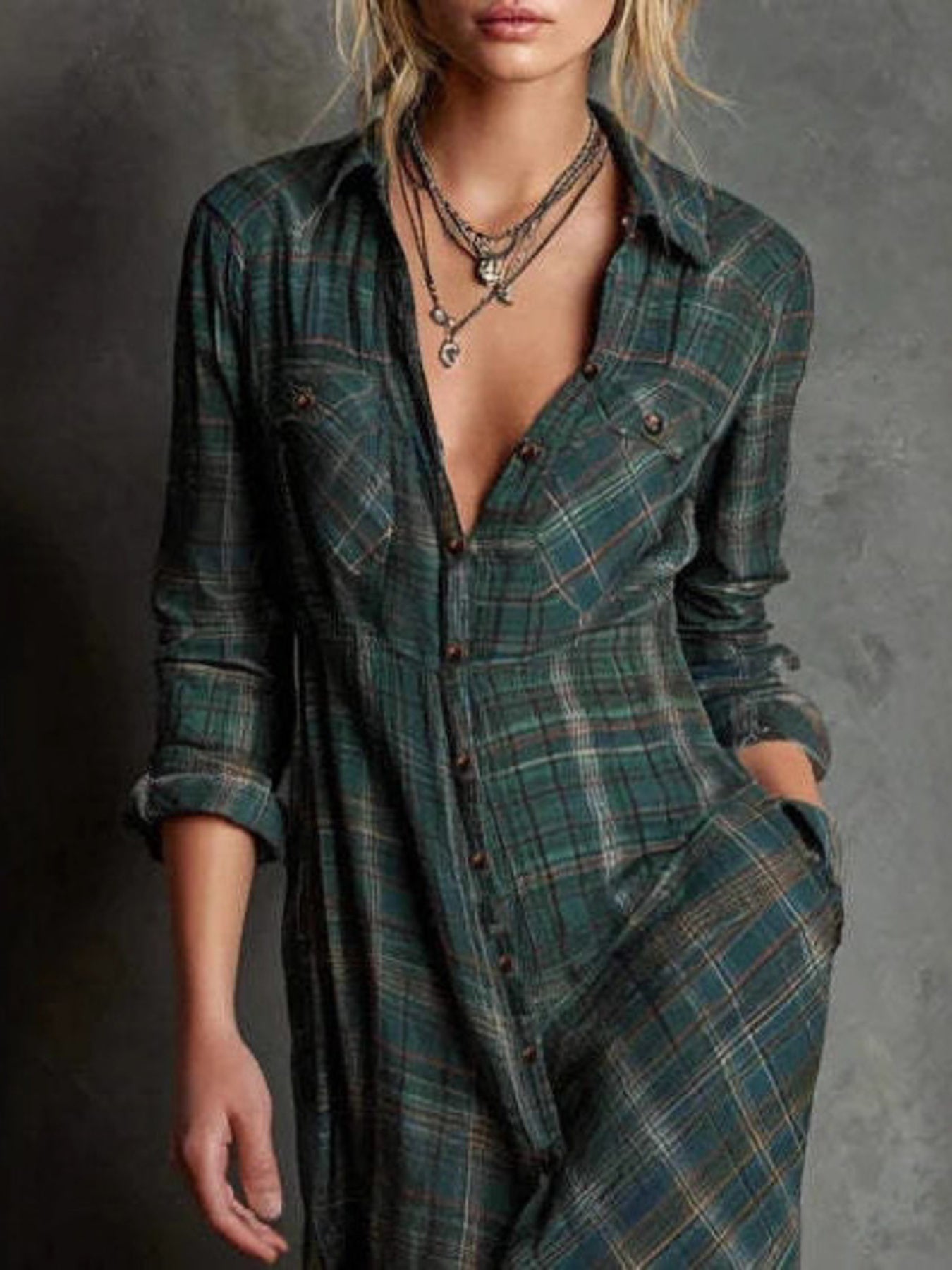 Plaid Long Sleeve Maxi Shirt Dress