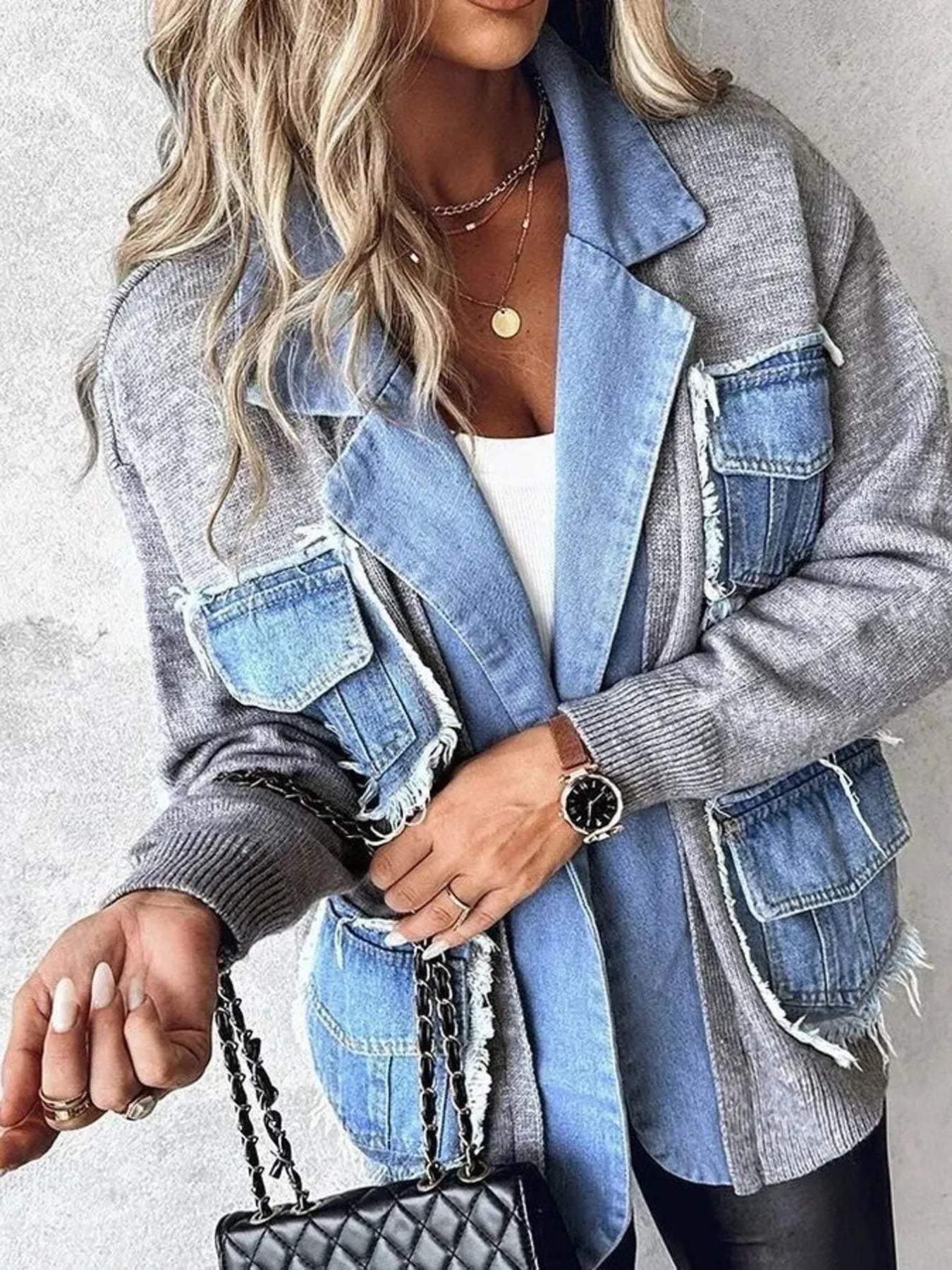 Raw Hem Denim Pocket Patchwork Cardigan