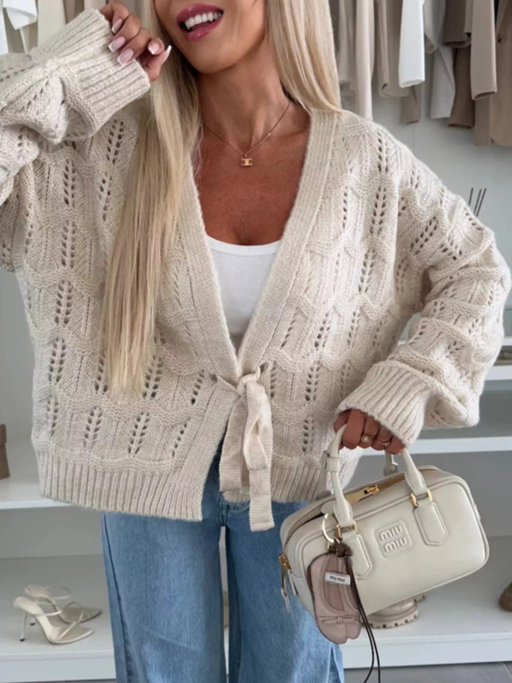 Tie-Front Openwork Cardigan