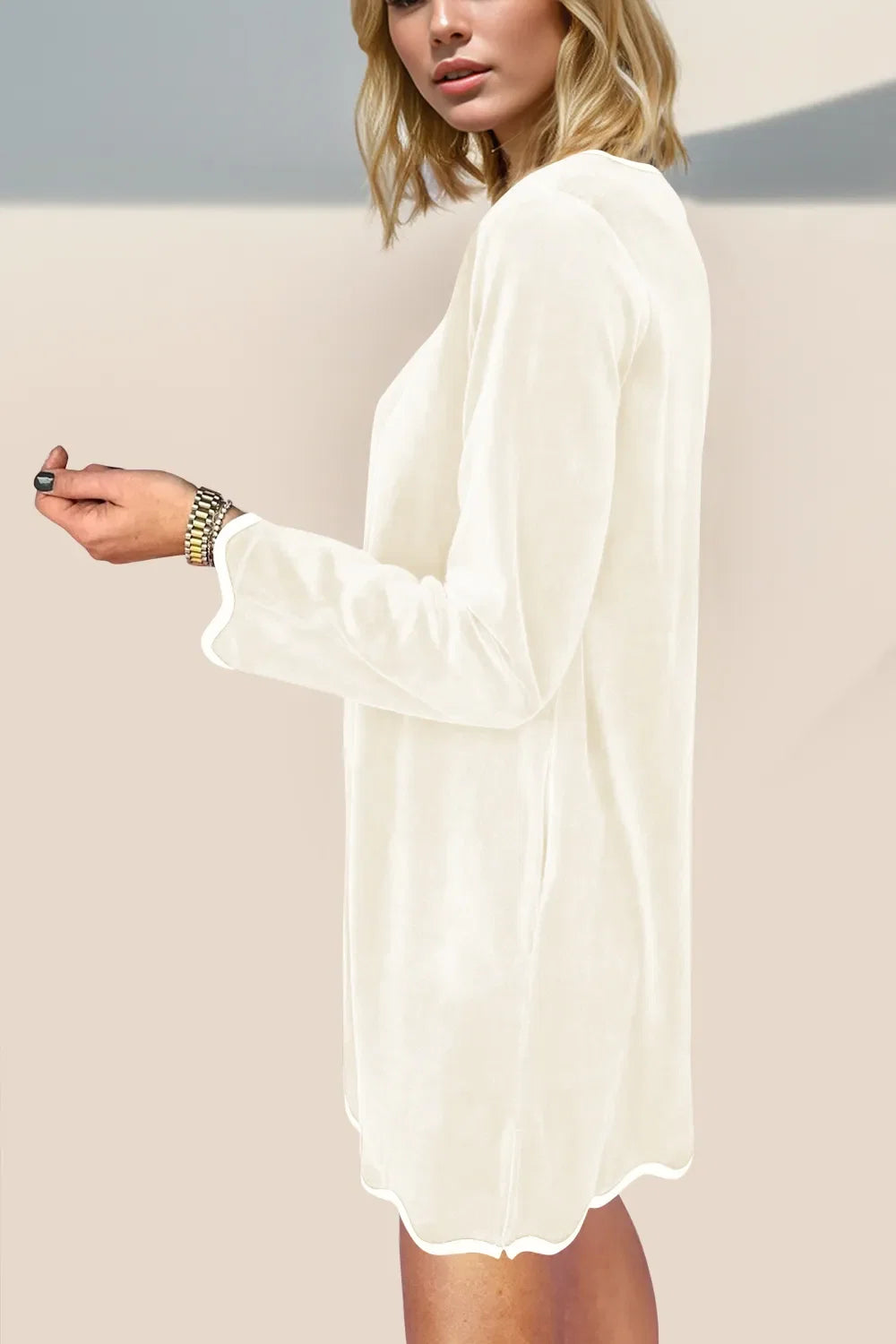 Double Take Wave Contrast Trim V-Neck Zip Up Long Sleeve Mini Dress