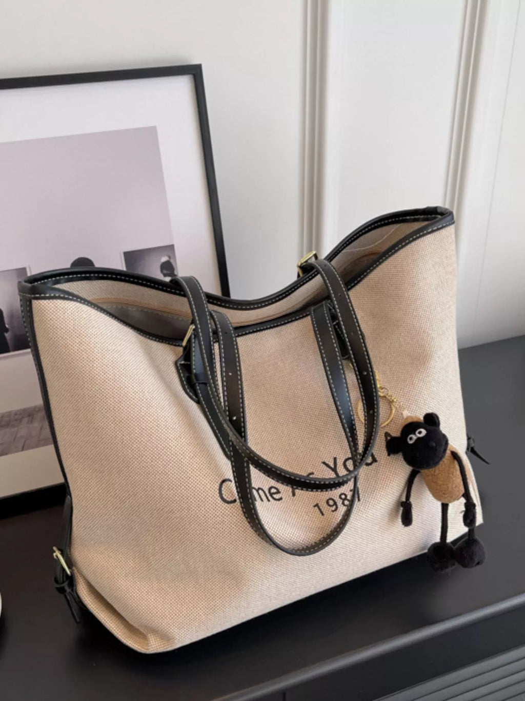 Canvas Tote Shoulder Bag with Charm