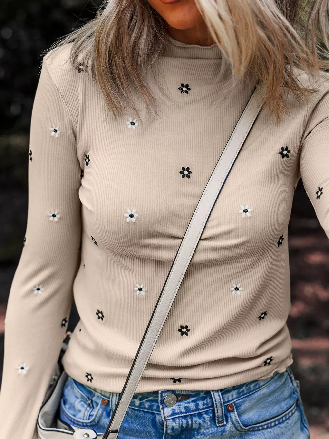 Floral Embroidered Detail Ribbed Long Sleeve Top