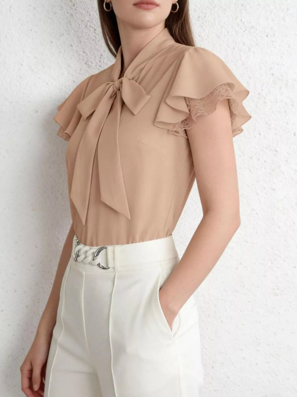 Tie-Neck Ruffle Sleeve Blouse