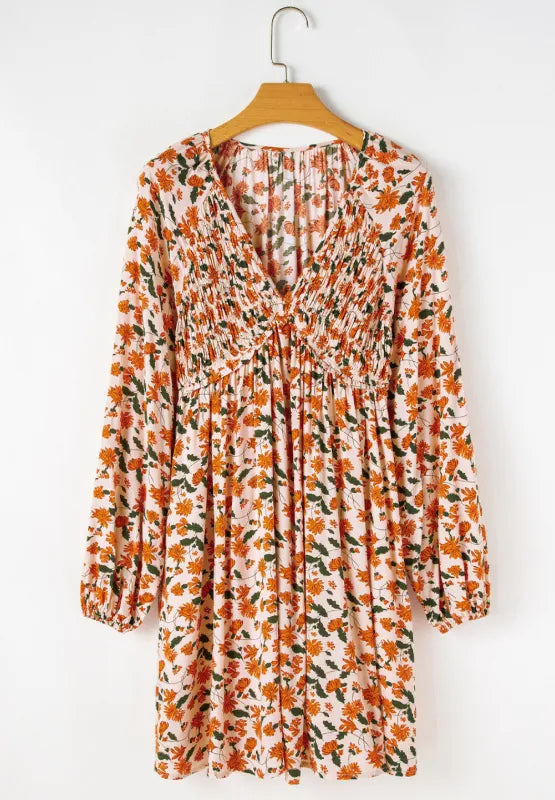 Smocked Printed V-Neck Long Sleeve Dress