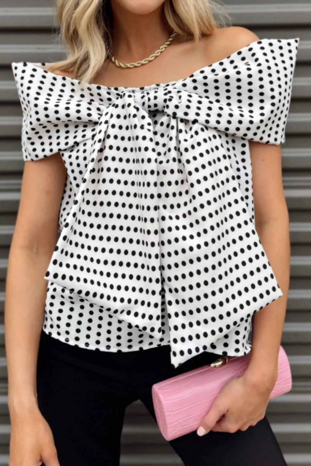 Polka Dot Off Shoulder Bow Knot Short Sleeve Blouse