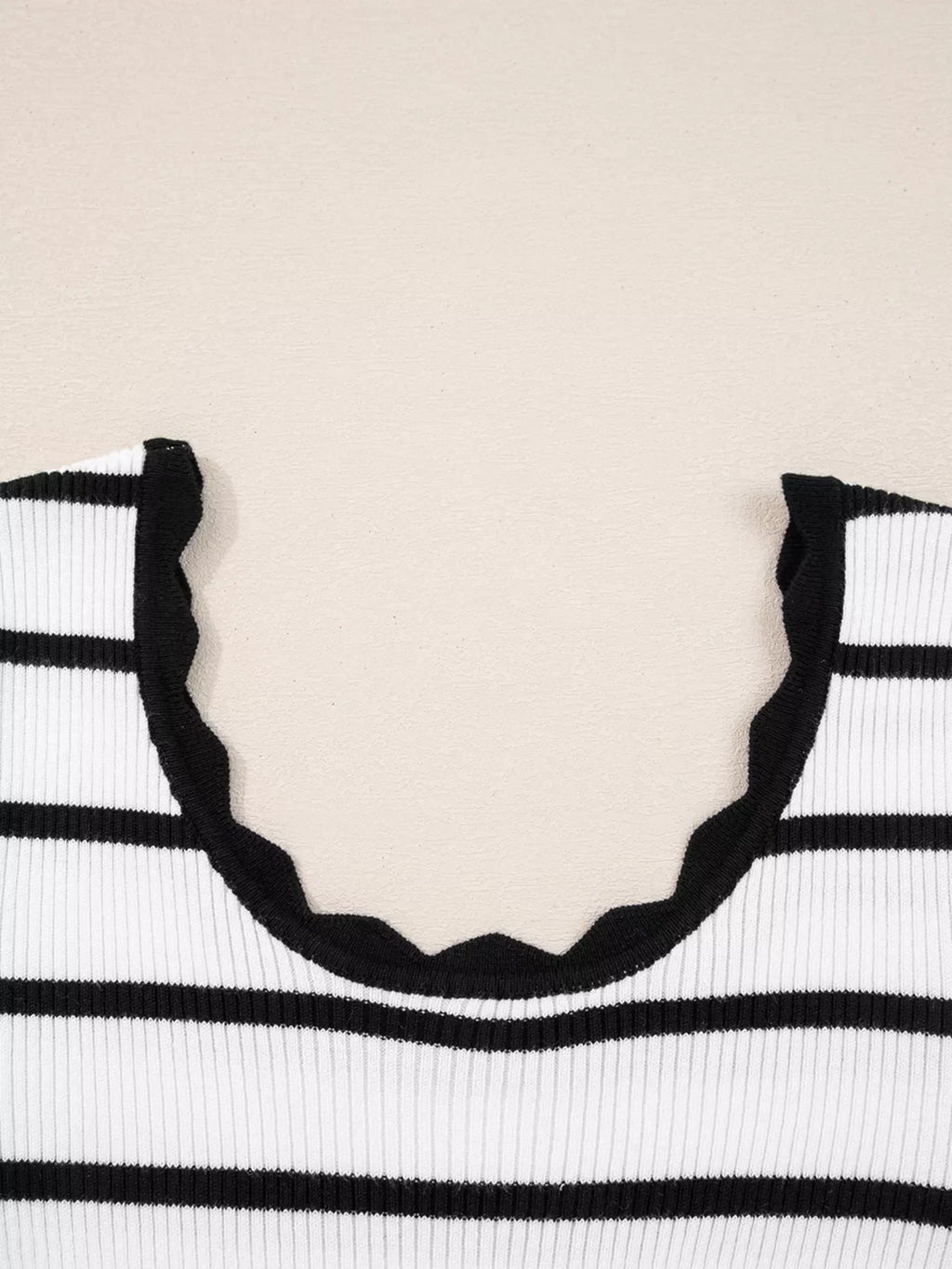 Scalloped Trim U Neck Striped Ribbed Slim Knit Top