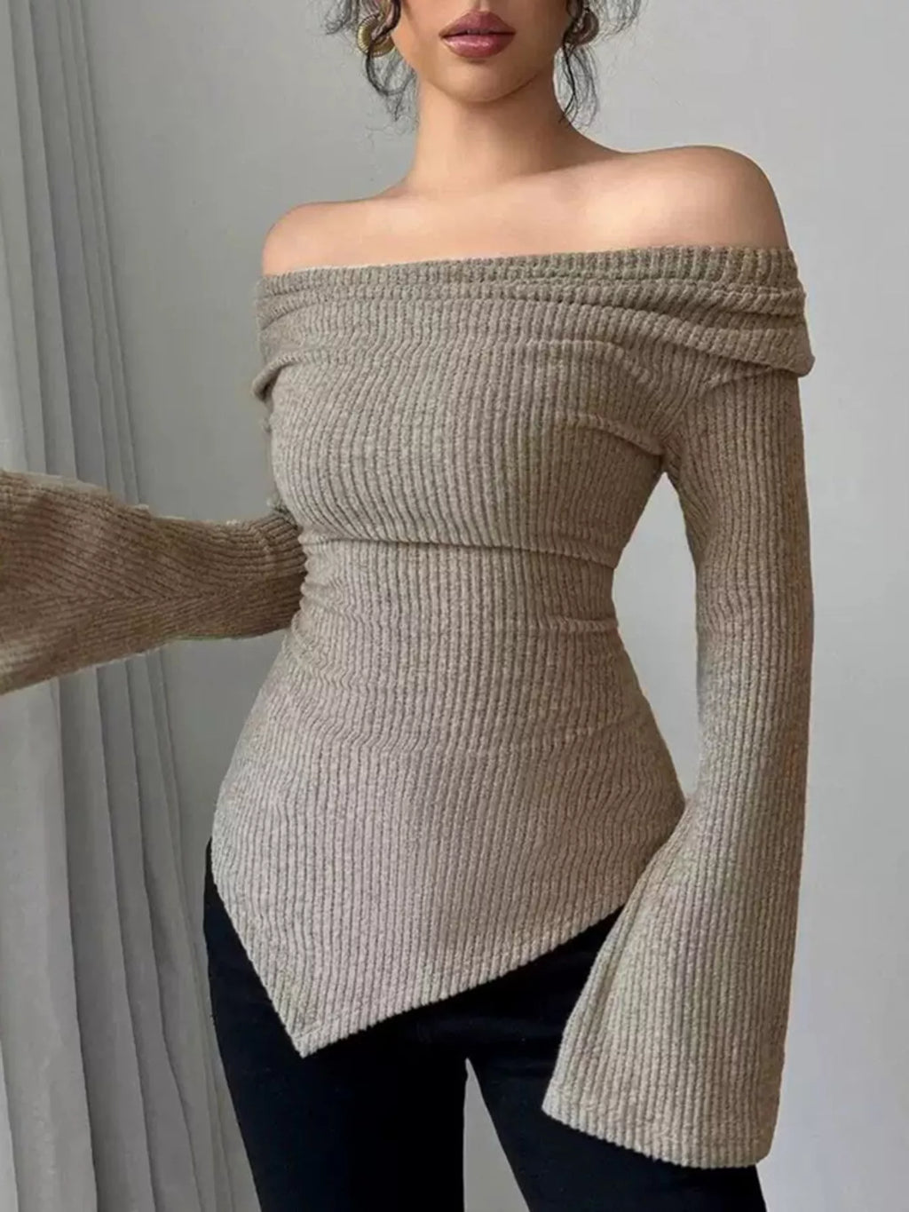 Off-Shoulder Bell Sleeve Ribbed Blouse