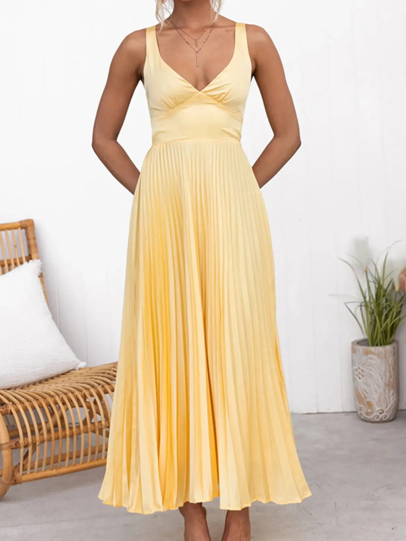 Pleated V-Neck Sleeveless Maxi Dress