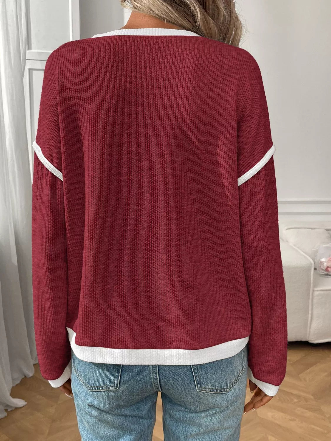 Ribbed Knit Contrast Trim Sweater