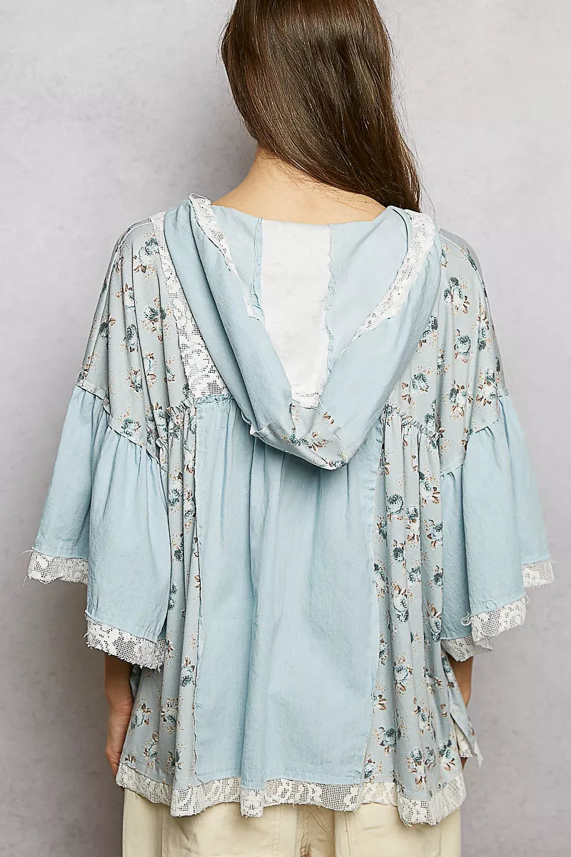 POL Double Gauze Floral Patch Blouse with Lace Detail
