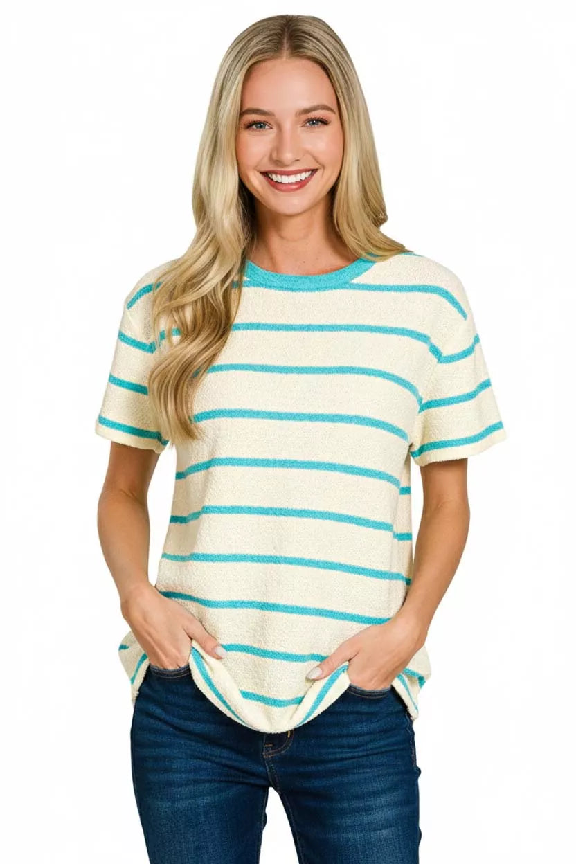 Zenana Textured Striped Crew Neck T-Shirt
