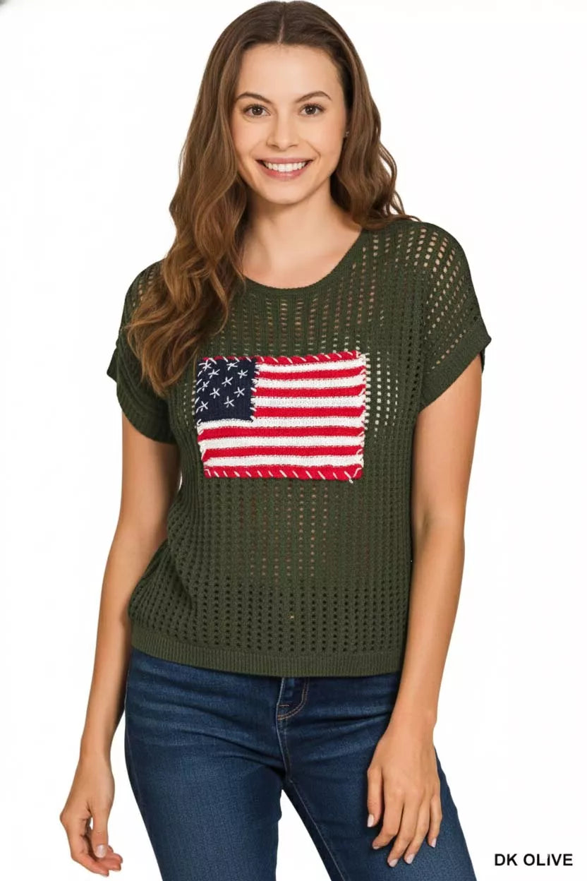 Zenana Viscose American Flag Openwork Knit Top