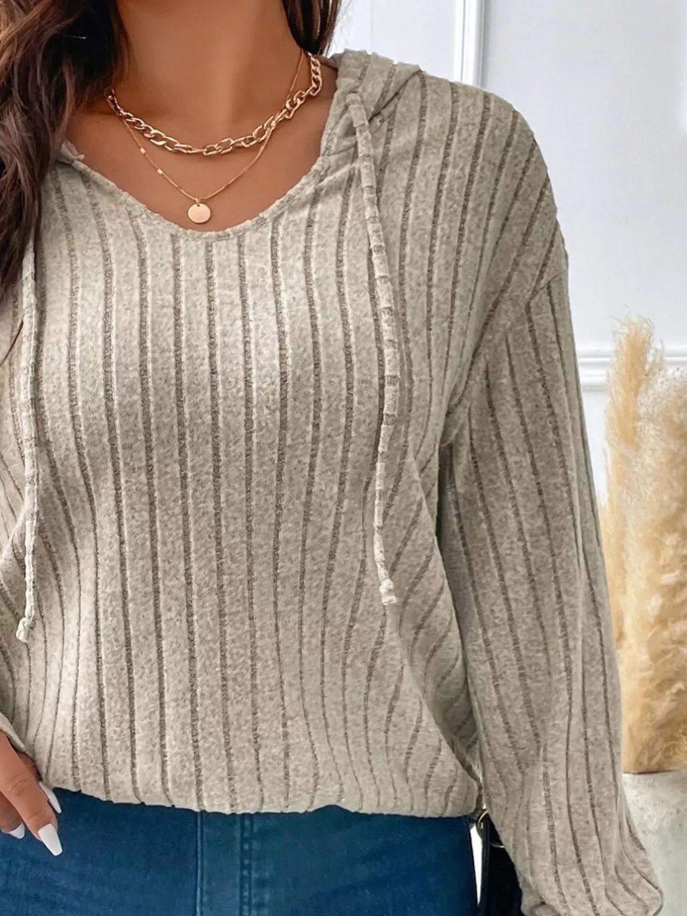 Ribbed Knit Drawstring Hooded T-Shirt