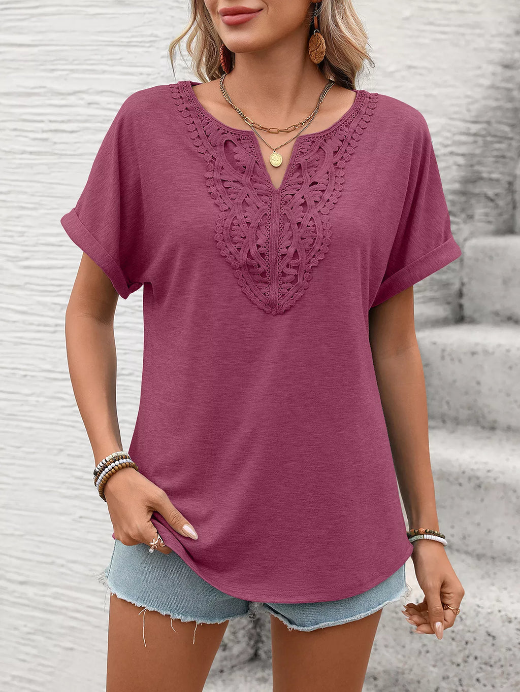 Lace Trim Short Sleeve T-Shirt