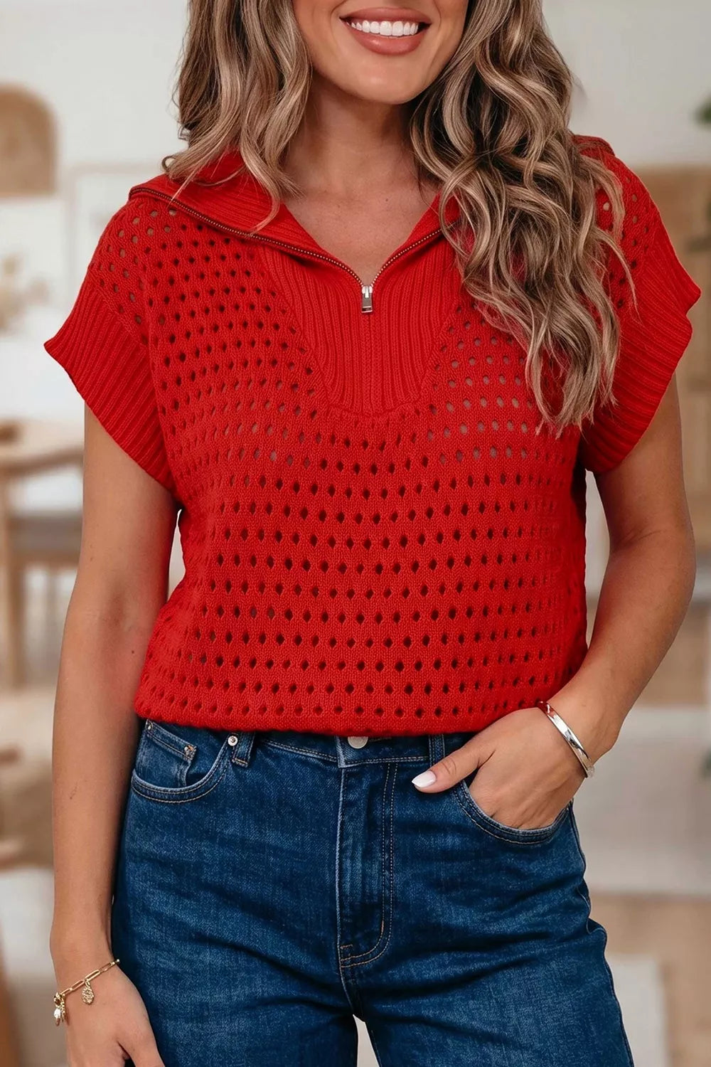 Openwork Quarter-Zip Knit Top