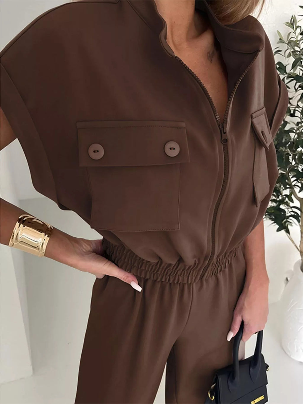 Cargo Pocket Zipper Front Jumpsuit