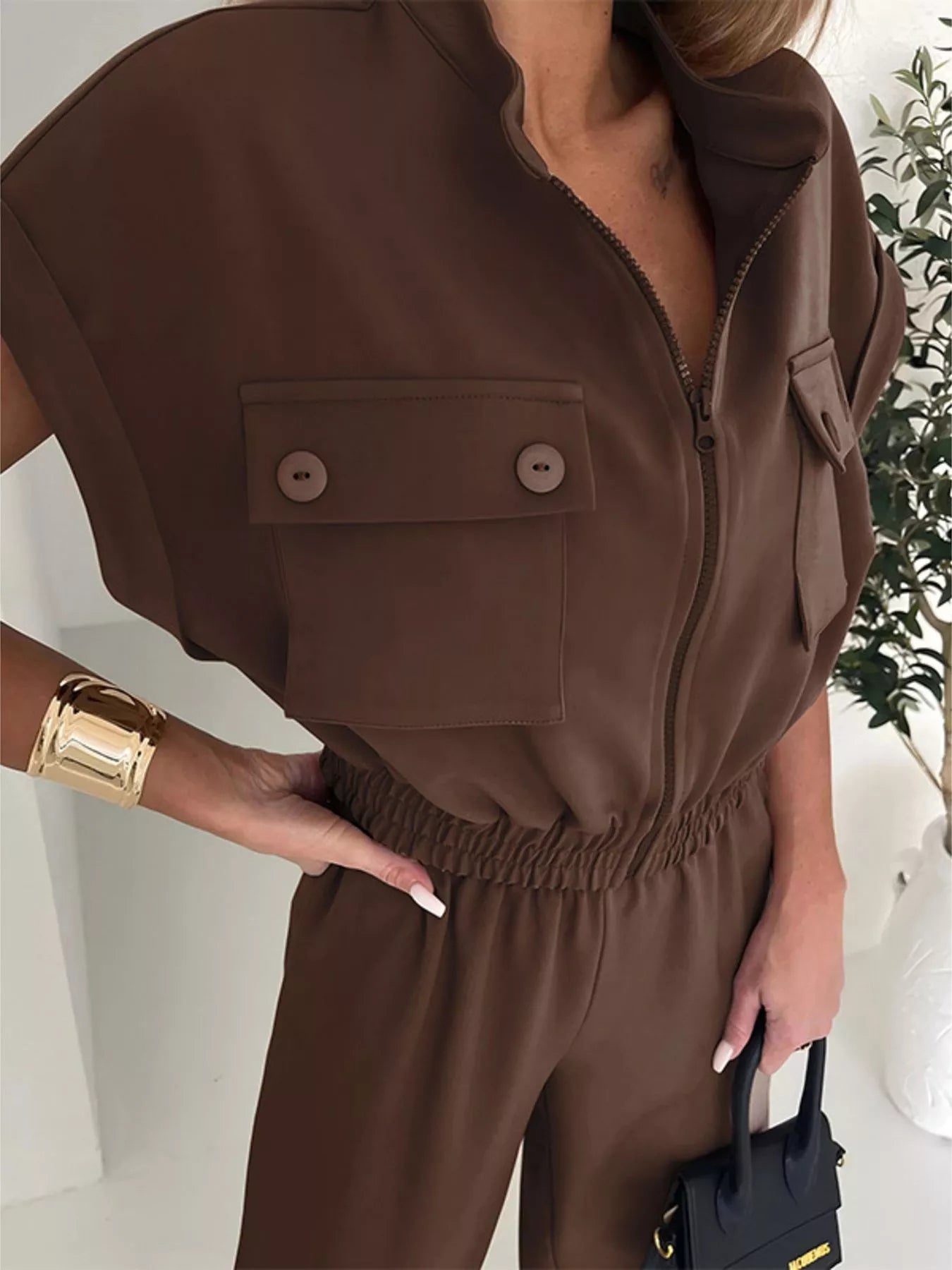 Cargo Pocket Zipper Front Jumpsuit