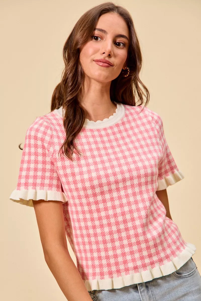SO ME Gingham Knit Ruffled Short Sleeves Sweater Top