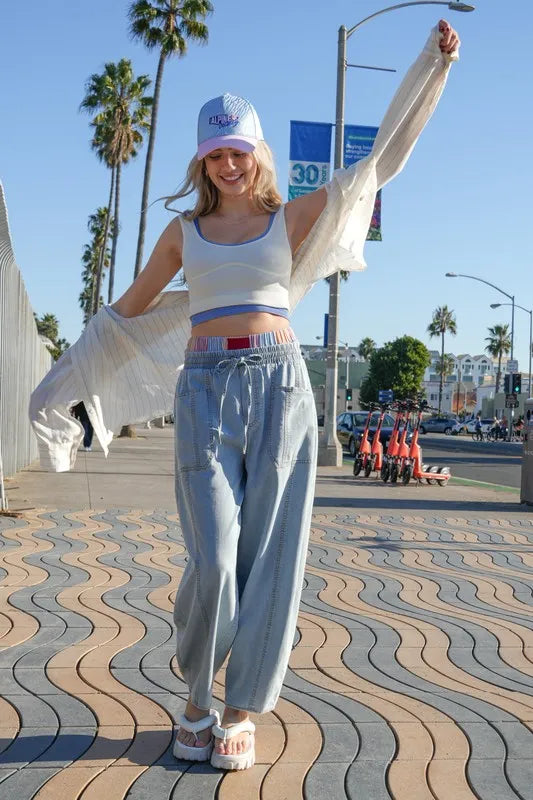 VERY J Washed Chambray Barrel Denim Pants
