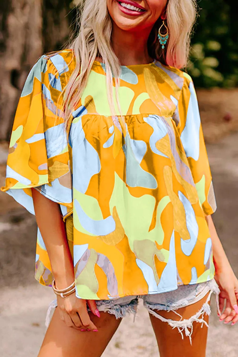 Multicolour Abstract Pattern Wide Sleeve Crew Neck Blouse