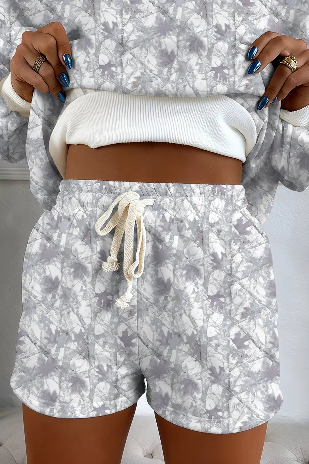 Abstract Woodland Camo Print Baggy Pullover Drawstring Shorts Set