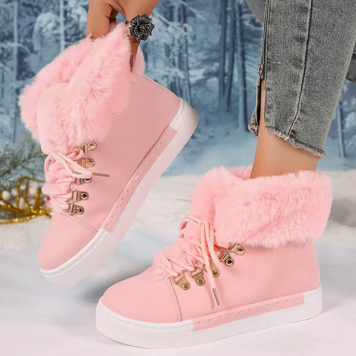 Fuzzy Trim Lace-Up Ankle Boots